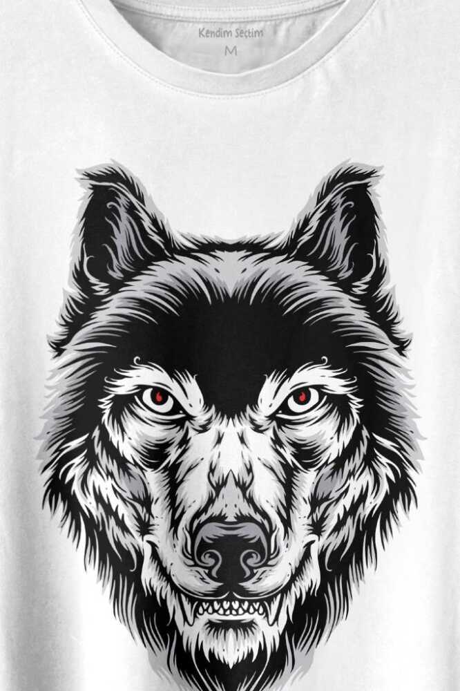 Kırmızı Gözlü Vahşi Kurt Kafası Wolf Head Bozkurt Baskılı Tişört Unisex T-shirt - 2