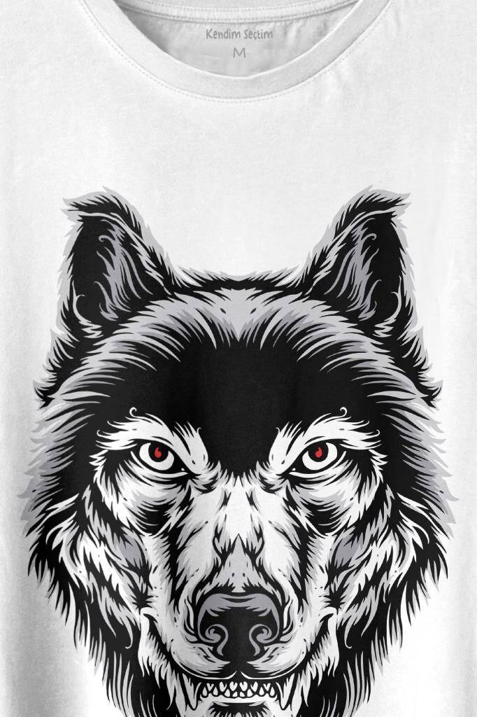 Kırmızı Gözlü Vahşi Kurt Kafası Wolf Head Bozkurt Baskılı Tişört Unisex T-shirt (1)