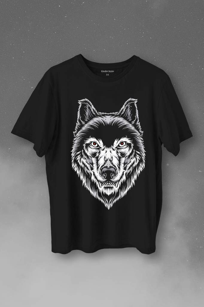 Kırmızı Gözlü Vahşi Kurt Kafası Wolf Head Bozkurt Baskılı Tişört Unisex T-Shirt - 1