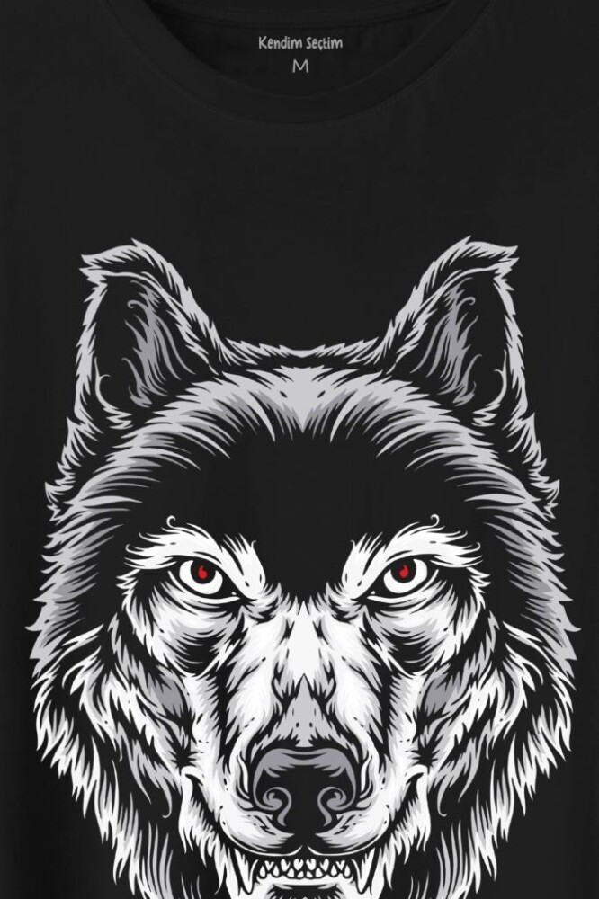 Kırmızı Gözlü Vahşi Kurt Kafası Wolf Head Bozkurt Baskılı Tişört Unisex T-Shirt (1)
