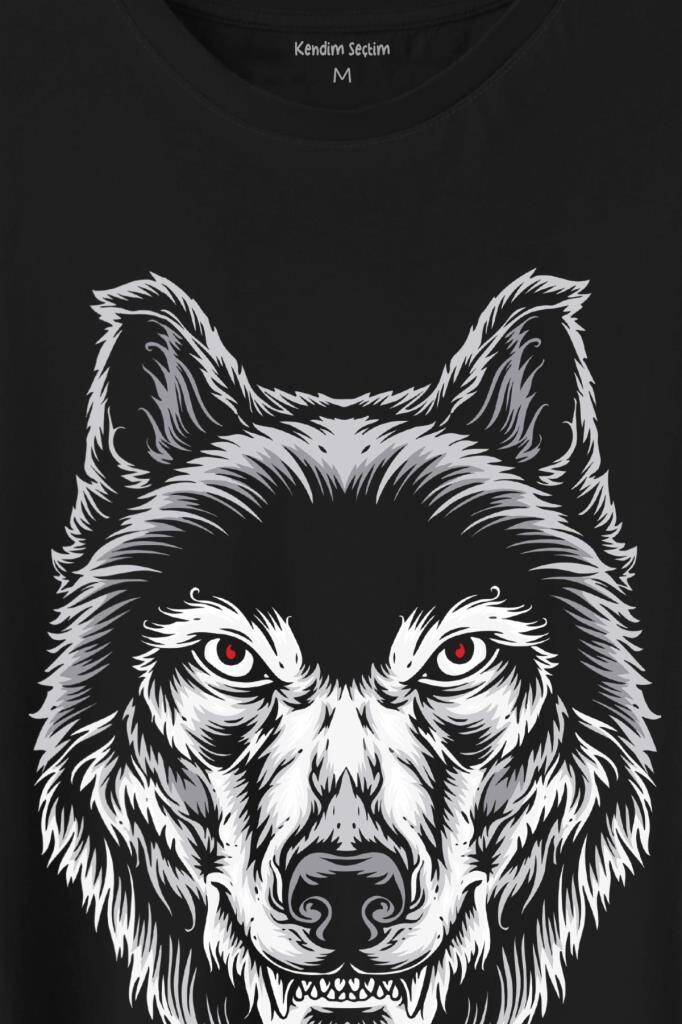 Kırmızı Gözlü Vahşi Kurt Kafası Wolf Head Bozkurt Baskılı Tişört Unisex T-Shirt - 2