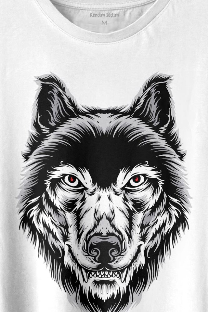 Kırmızı Gözlü Vahşi Kurt Kafası Wolf Head Bozkurt Baskılı Tişört Unisex T-shirt (1)