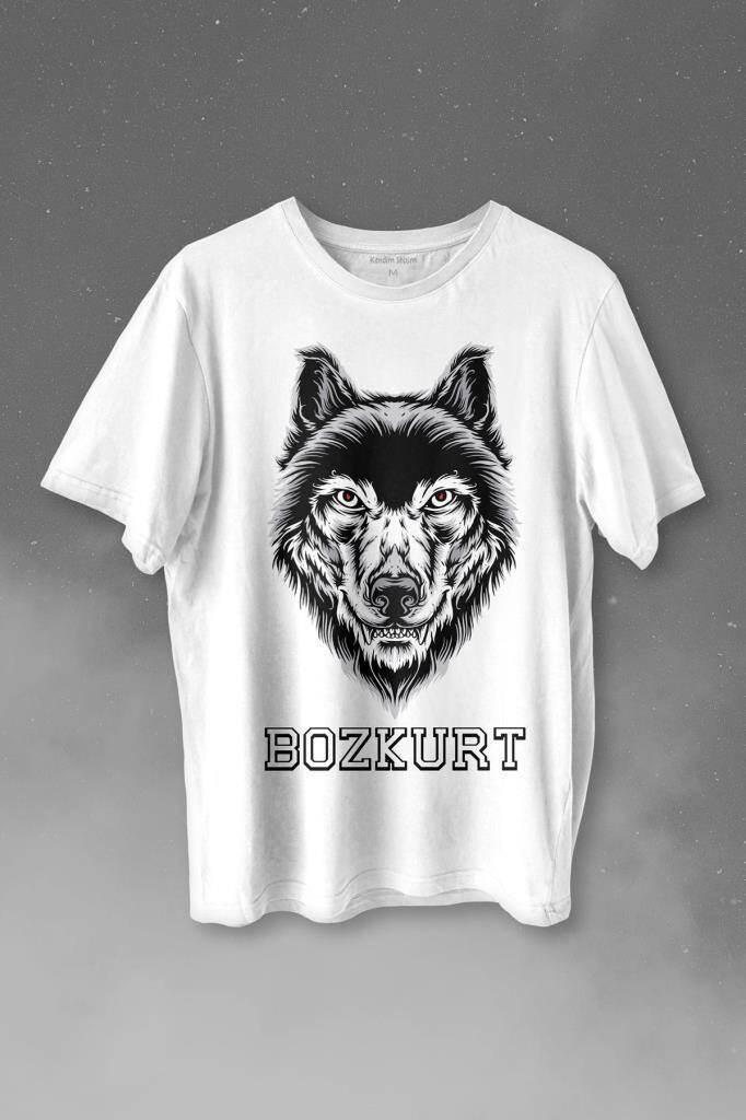 Kırmızı Gözlü Vahşi Kurt Kafası Wolf Head Bozkurt Baskılı Tişört Unisex T-shirt - 1