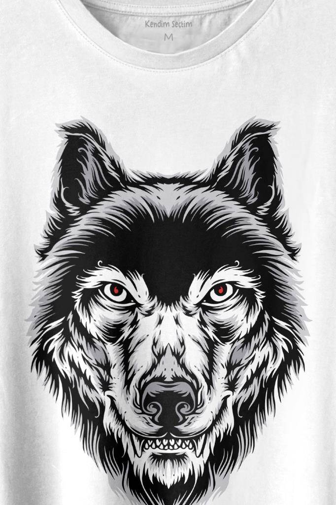Kırmızı Gözlü Vahşi Kurt Kafası Wolf Head Bozkurt Baskılı Tişört Unisex T-shirt - 2