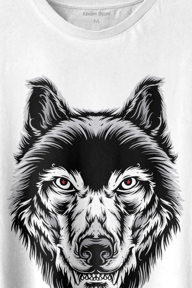 Kırmızı Gözlü Vahşi Kurt Kafası Wolf Head Bozkurt Baskılı Tişört Unisex T-shirt - 2