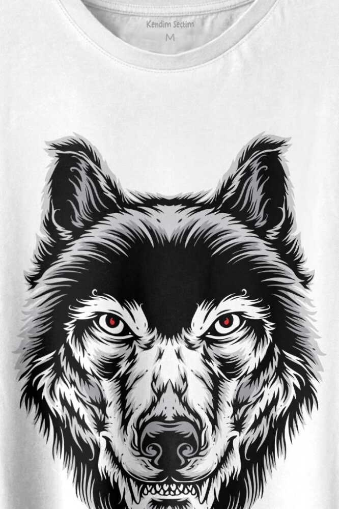 Kırmızı Gözlü Vahşi Kurt Kafası Wolf Head Bozkurt Baskılı Tişört Unisex T-shirt (1)