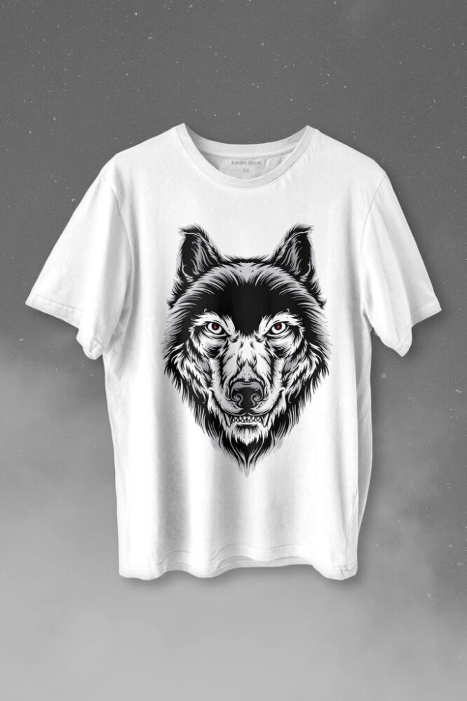 Kırmızı Gözlü Vahşi Kurt Kafası Wolf Head Bozkurt Baskılı Tişört Unisex T-shirt - KENDİM SEÇTİM