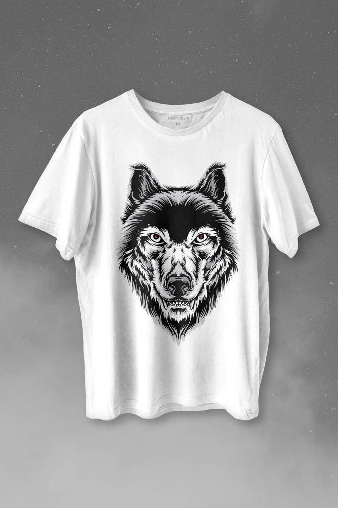 Kırmızı Gözlü Vahşi Kurt Kafası Wolf Head Bozkurt Baskılı Tişört Unisex T-shirt - 1