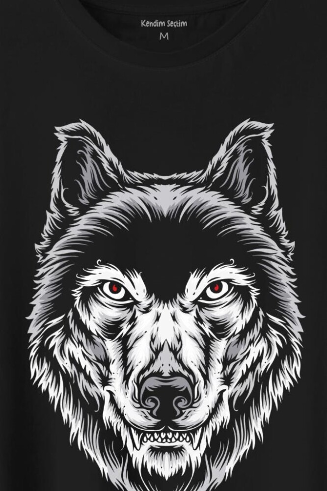 Kırmızı Gözlü Vahşi Kurt Kafası Wolf Head Bozkurt Baskılı Tişört Unisex T-Shirt - 2
