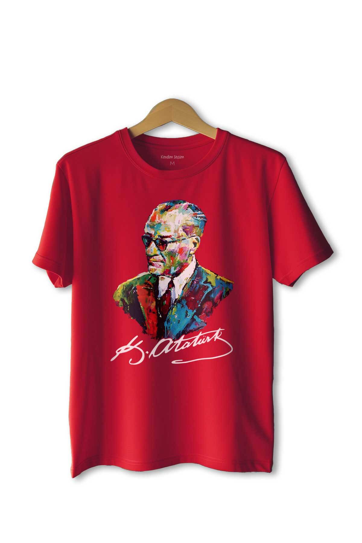 Kırmızı Renkli Tişört Atatürk Karizma Gözlüklü Gazi Mustafa Kemal 29 Ekim Cumhuriyet Bayramı Baskılı T-shirt - 1