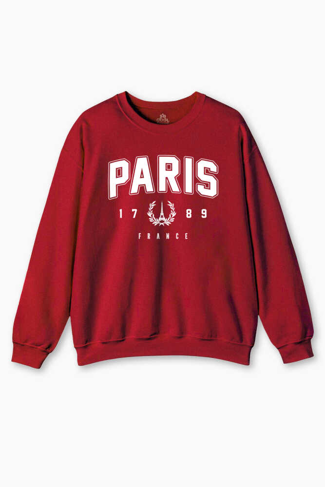 Kırmızı Sweat Paris France Fransa Şehir Yazı Baskılı Şardonlu Yumuşak Sweatshirt - 1