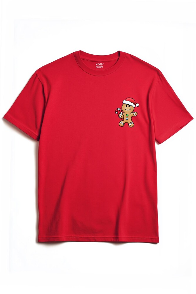 Kırmızı Tişört Kurabiye Adam Yılbaşı Merry Christmas Happy New Year 2025 Yeni Yıl Baskılı T-shirt - 1