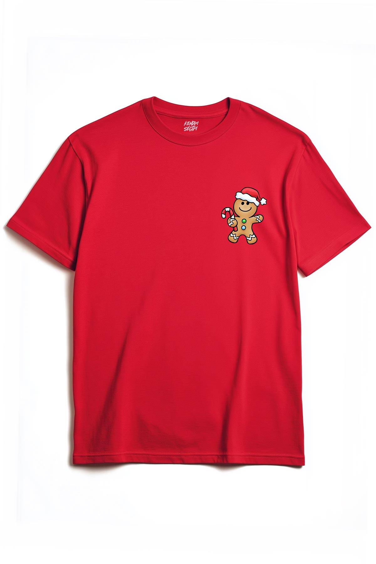 Kırmızı Tişört Kurabiye Adam Yılbaşı Merry Christmas Happy New Year 2026 Yeni Yıl Baskılı T-shirt