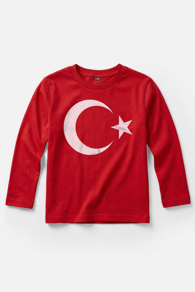 Kırmızı Türk Bayraklı Ay Yıldız Baskılı Uzun Kollu Çocuk Tişört - 1
