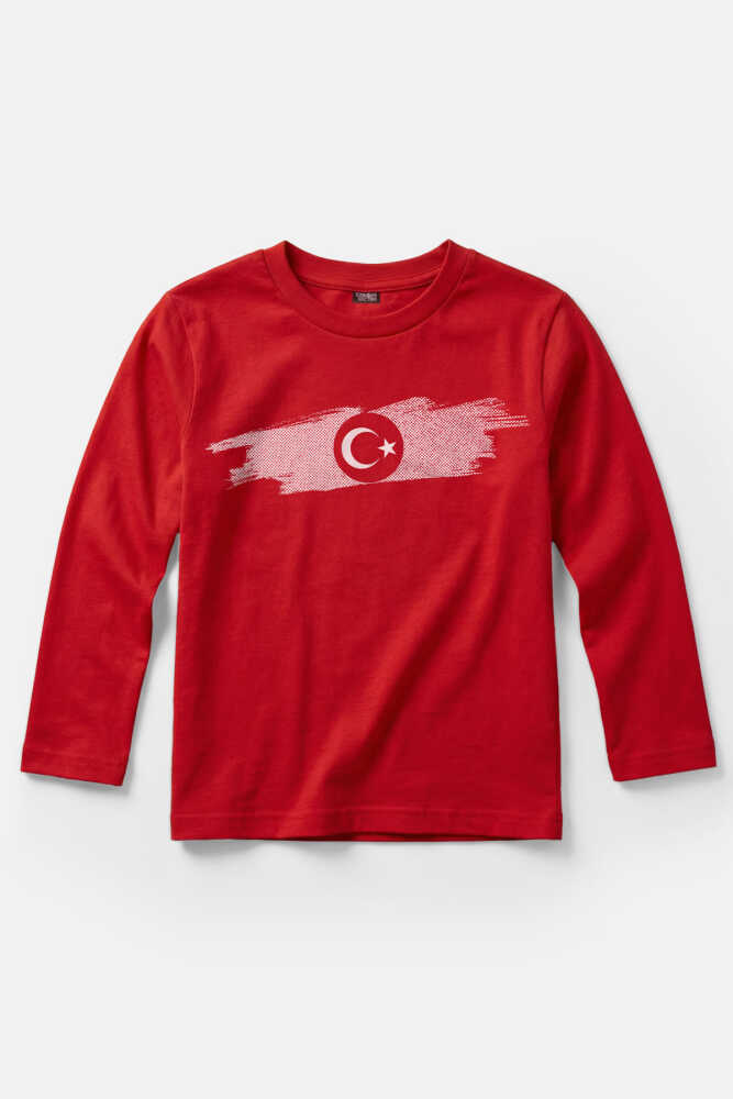 Kırmızı Uzun Kollu Çocuk Tişört Türkiye Bayrak Futbol Voleybol Basketbol Milli Takım Baskılı T-shirt - 1