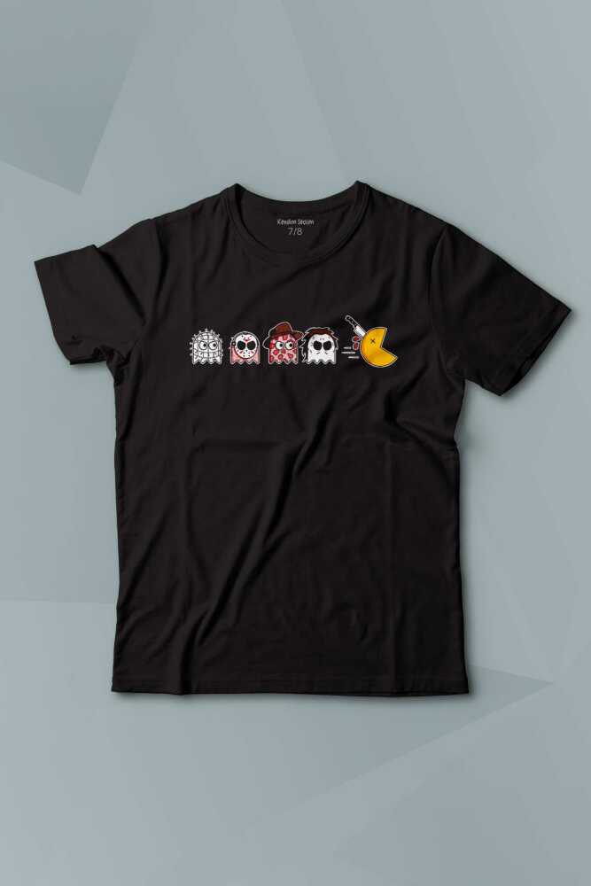 Kısa Kollu Çocuk Tişört Among Us Pacman Hallowen Korku Film Oyun  Siyah Baskılı T-shirt - 1