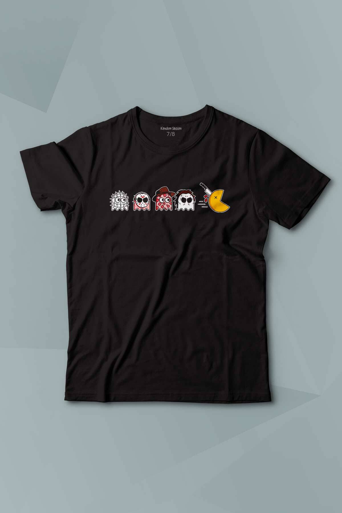 Kısa Kollu Çocuk Tişört Among Us Pacman Hallowen Korku Film Oyun  Siyah Baskılı T-shirt
