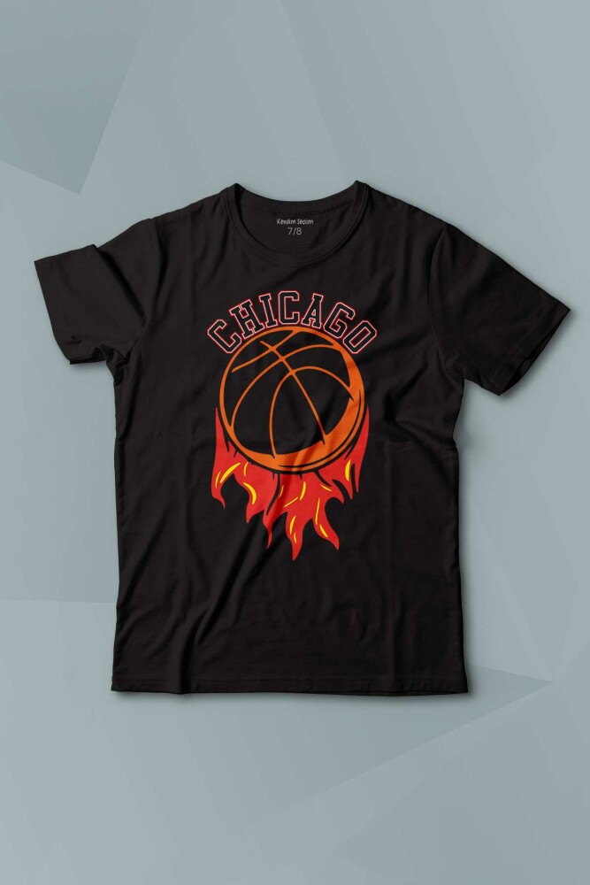 Kısa Kollu Çocuk Tişört Basketbol Spor Basketball Chicago Yazı Siyah Baskılı T-shirt - 1