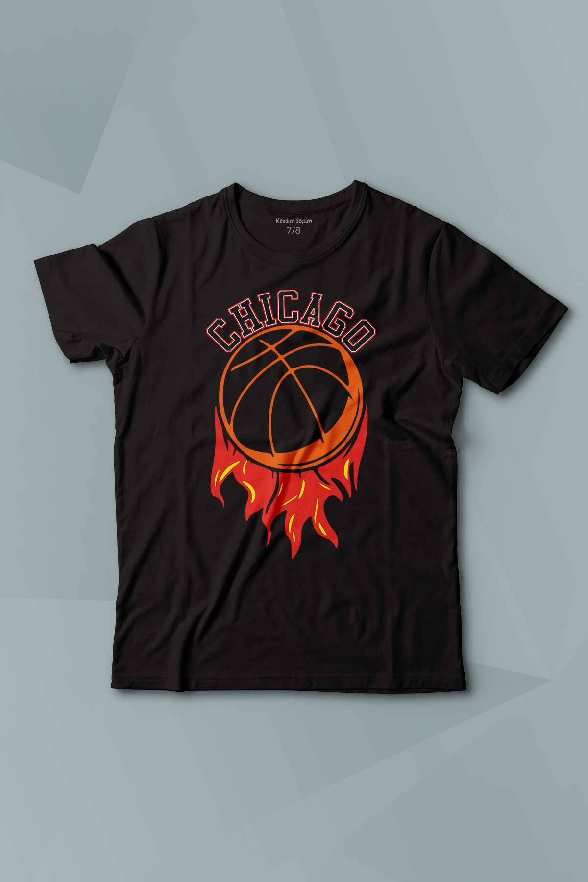 Kısa Kollu Çocuk Tişört Basketbol Spor Basketball Chicago Yazı Siyah Baskılı T-shirt - 1