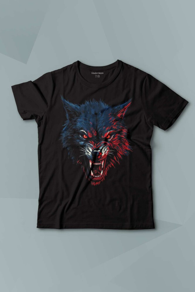 Kısa Kollu Çocuk Tişört Bordo Mavi Kurt Wolf Red Blue Siyah Baskılı Tişört - 1
