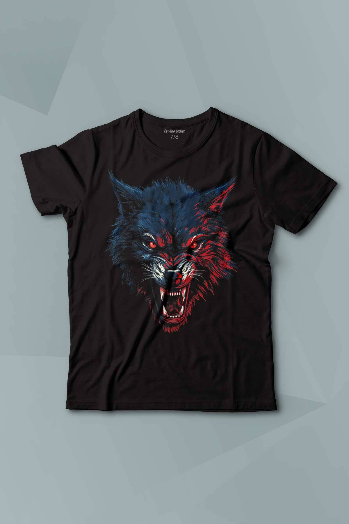 Kısa Kollu Çocuk Tişört Bordo Mavi Kurt Wolf Red Blue Siyah Baskılı Tişört - 1