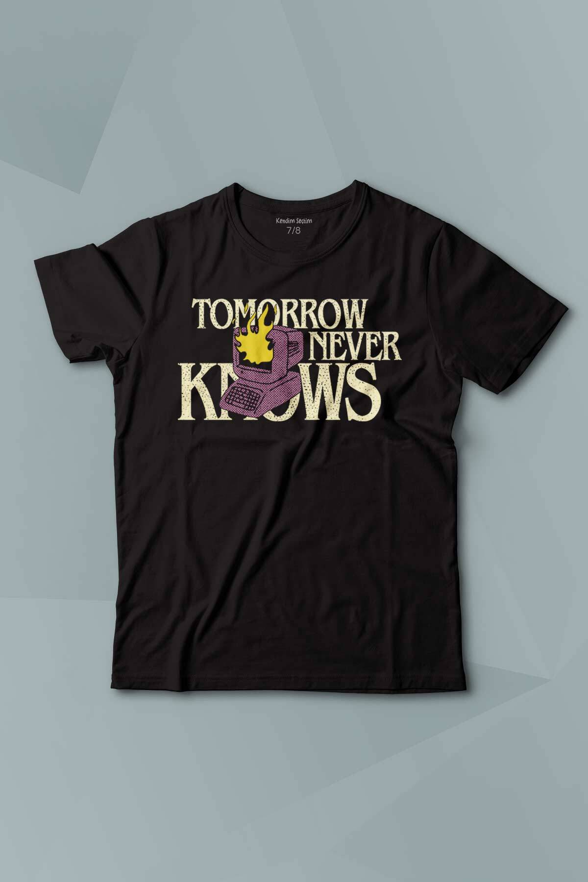 Kısa Kollu Çocuk Tişört  Tomorrow Never Knows y2k Future Vintage Sokak Siyah Baskılı T-shirt