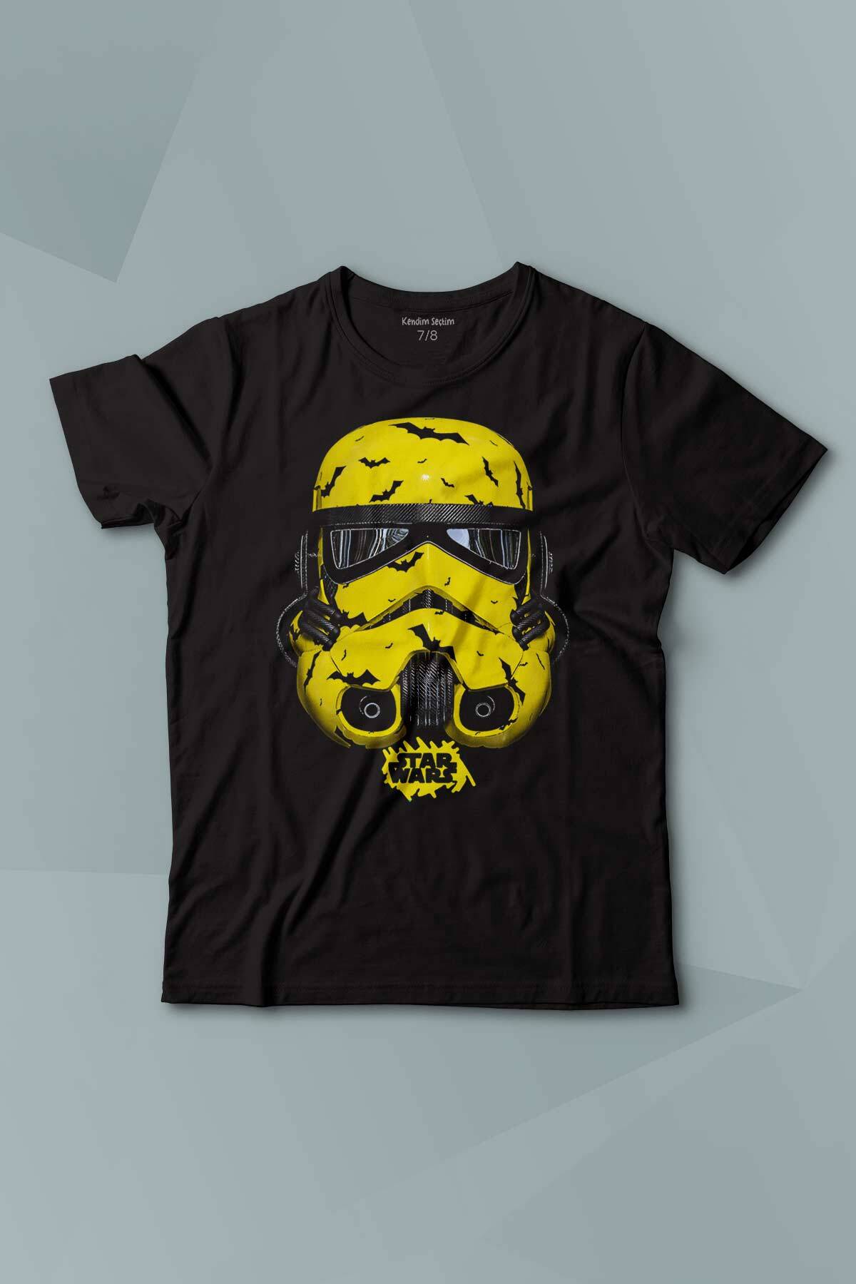 Kısa Kollu Siyah Çocuk T-shirt Star Wars Mask Sarı Baskılı Çocuk Tişört - 1