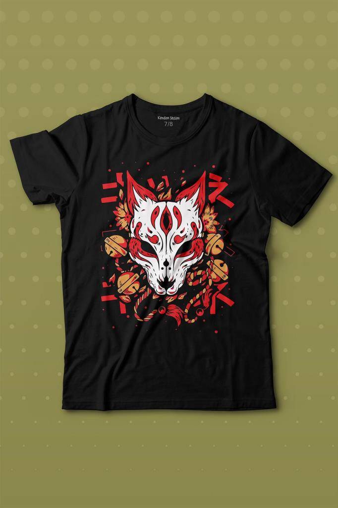 Kitsune Mask Japanese Japon Kültür Baskılı Tişört Çocuk T-shirt - 1
