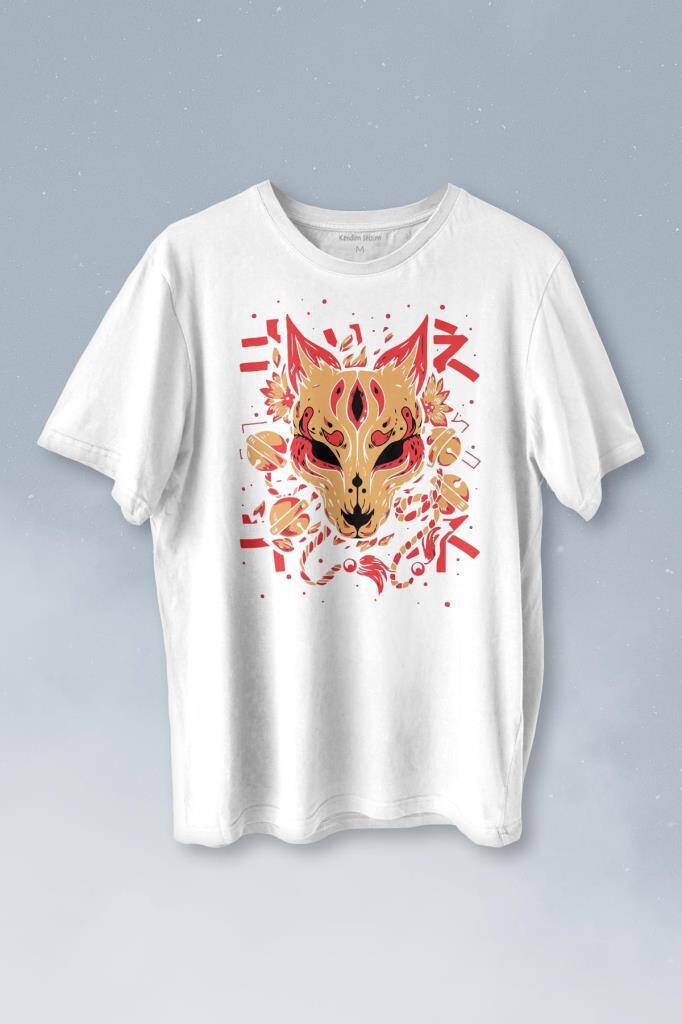 Kitsune Mask Japanese Japon Kültür Baskılı Tişört Unisex T-shirt - 1