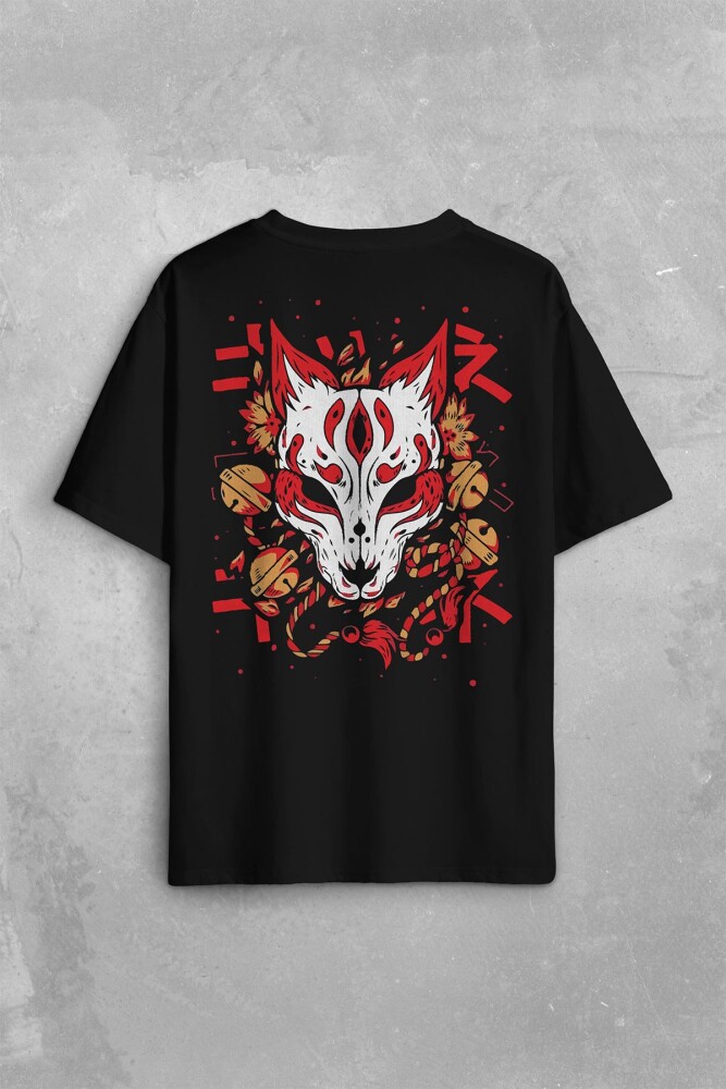 Kitsune Mask Japanese Japon Kültür Sırt Ön Baskılı Oversize Tişört Unisex T-Shirt (1)