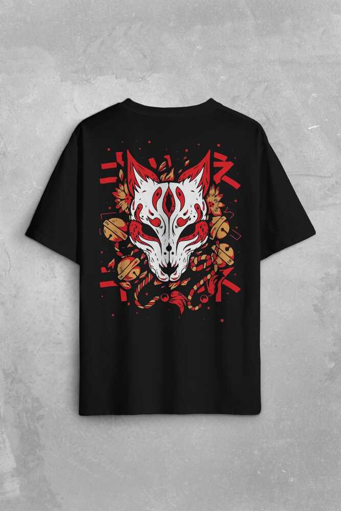 Kitsune Mask Japanese Japon Kültür Sırt Ön Baskılı Oversize Tişört Unisex T-Shirt - 2