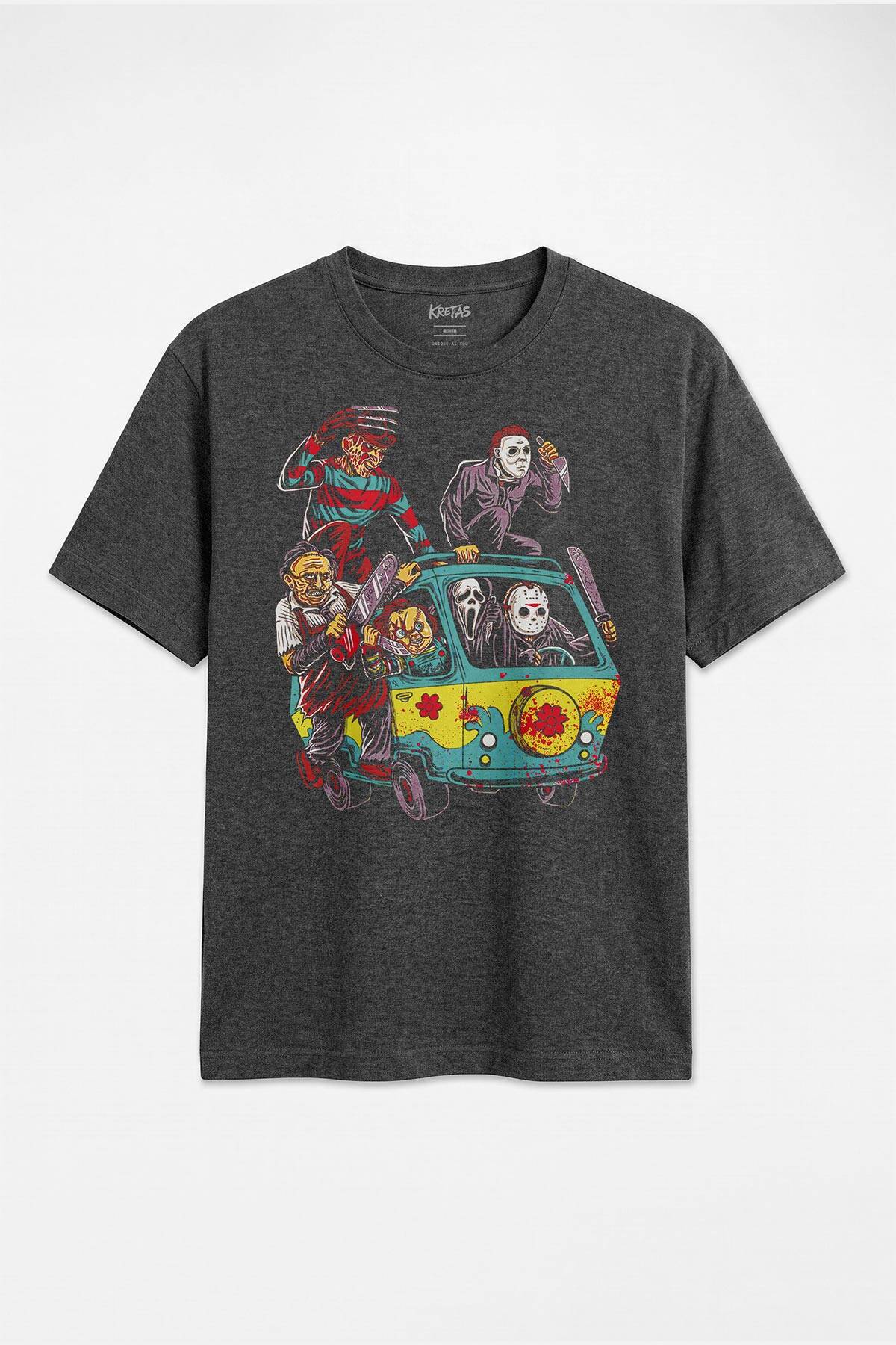 Korku Filmi Halloween Cadılar Bayramı Chucky Freddy Sinema Unisex Regular Antrasit Melanj Tişört