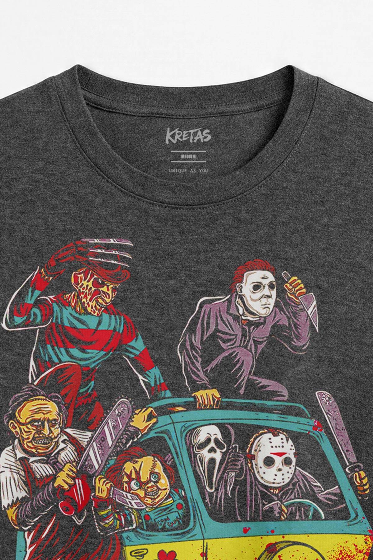 Korku Filmi Halloween Cadılar Bayramı Chucky Freddy Sinema Unisex Regular Antrasit Melanj Tişört (1)