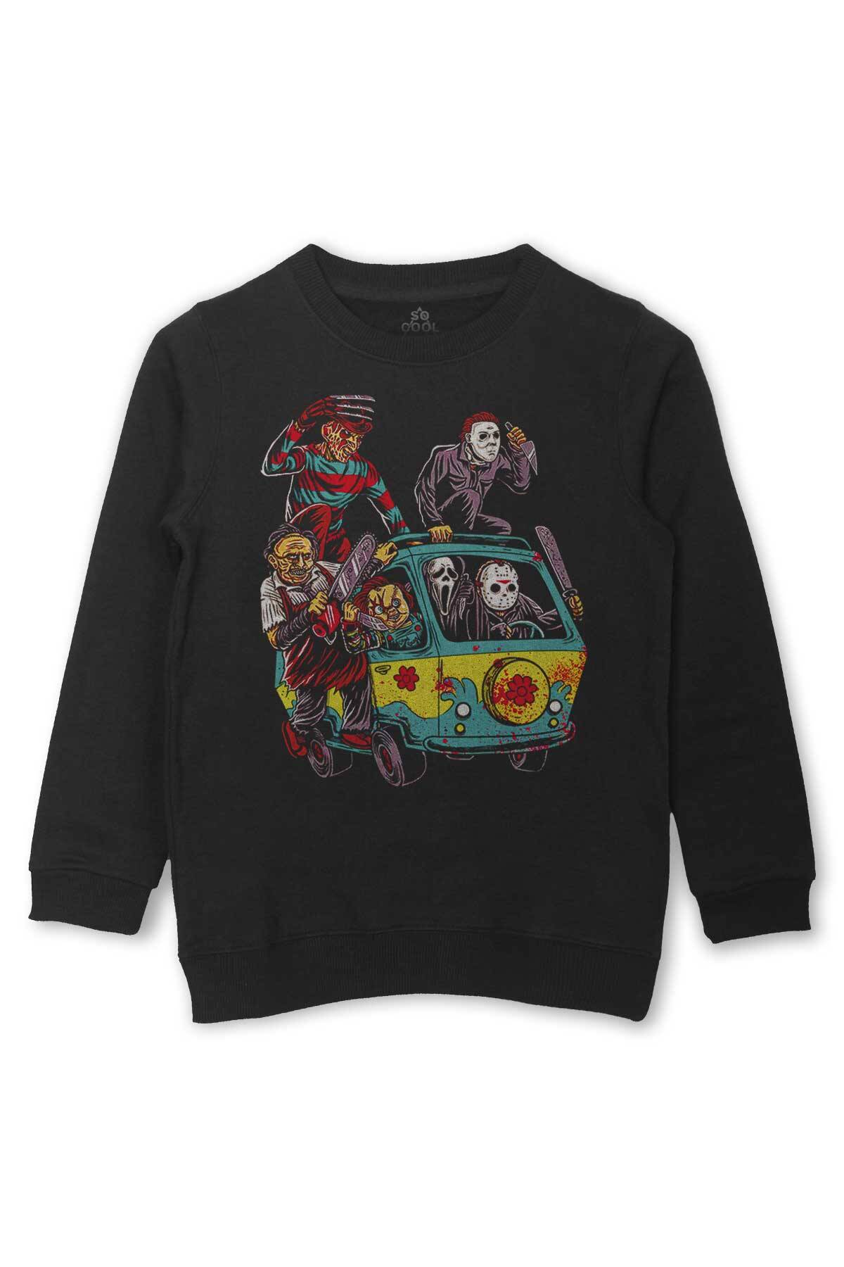 Korku Filmi Halloween Chucky Freddy Cadılar Bayramı Film Baskılı Çocuk Sweatshirt Siyah Sweat - 1