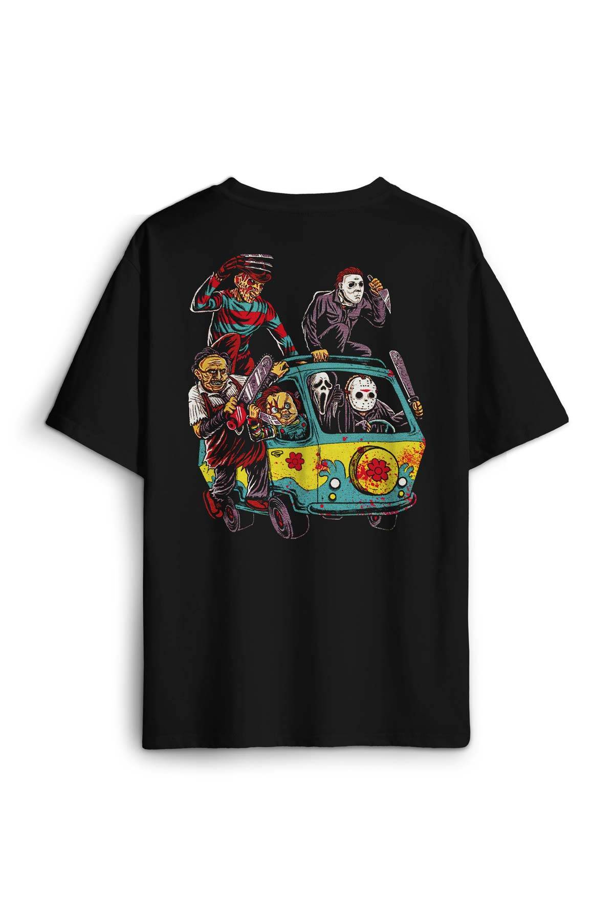 Korku Filmi Halloween Chucky Freddy Movie Film Sırt Ön Baskılı Oversize Tişört Unisex T-Shirt (1)
