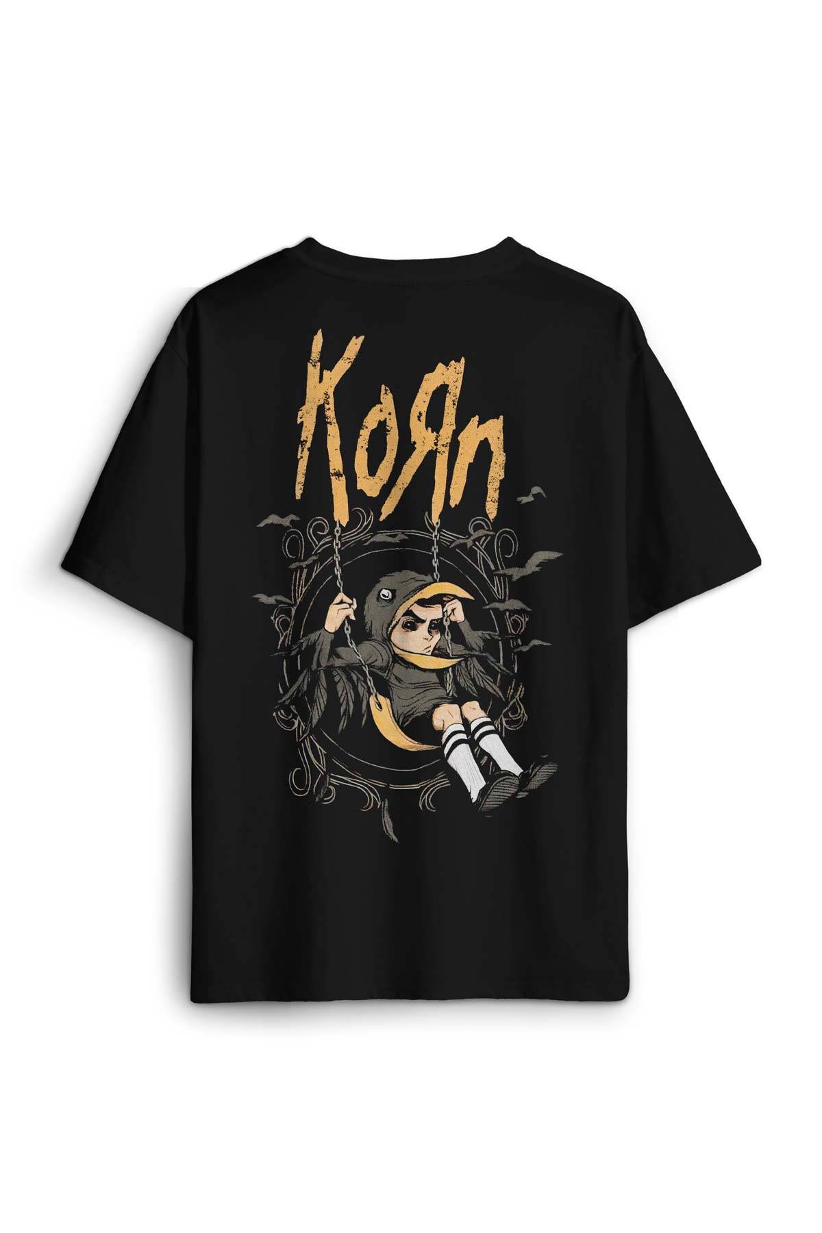 Korn Metal Rock Müzik Sırt Ön Baskılı Oversize Tişört Unisex Siyah T-Shirt - 1