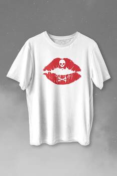 Korsan Skull Kuru Kafa Dudak Öpücük Kiss Me Baskılı Tişört Unisex T-shirt - 1