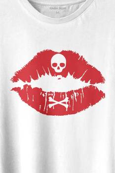 Korsan Skull Kuru Kafa Dudak Öpücük Kiss Me Baskılı Tişört Unisex T-shirt - 2