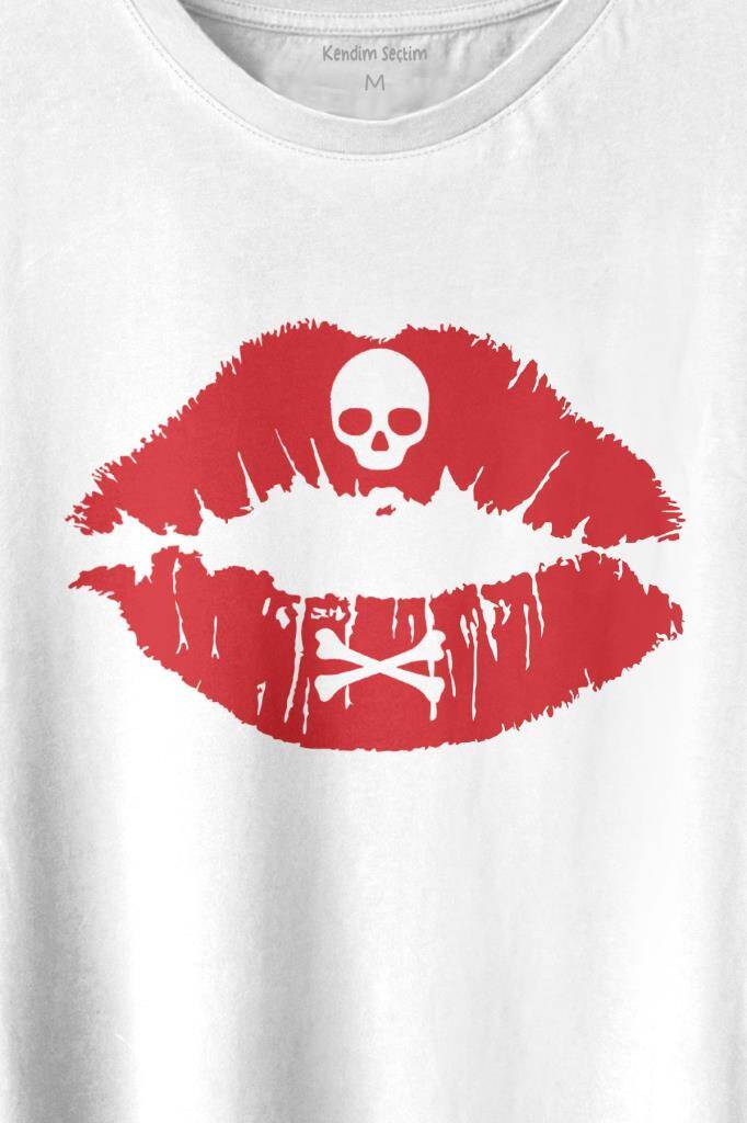 Korsan Skull Kuru Kafa Dudak Öpücük Kiss Me Baskılı Tişört Unisex T-shirt - 2