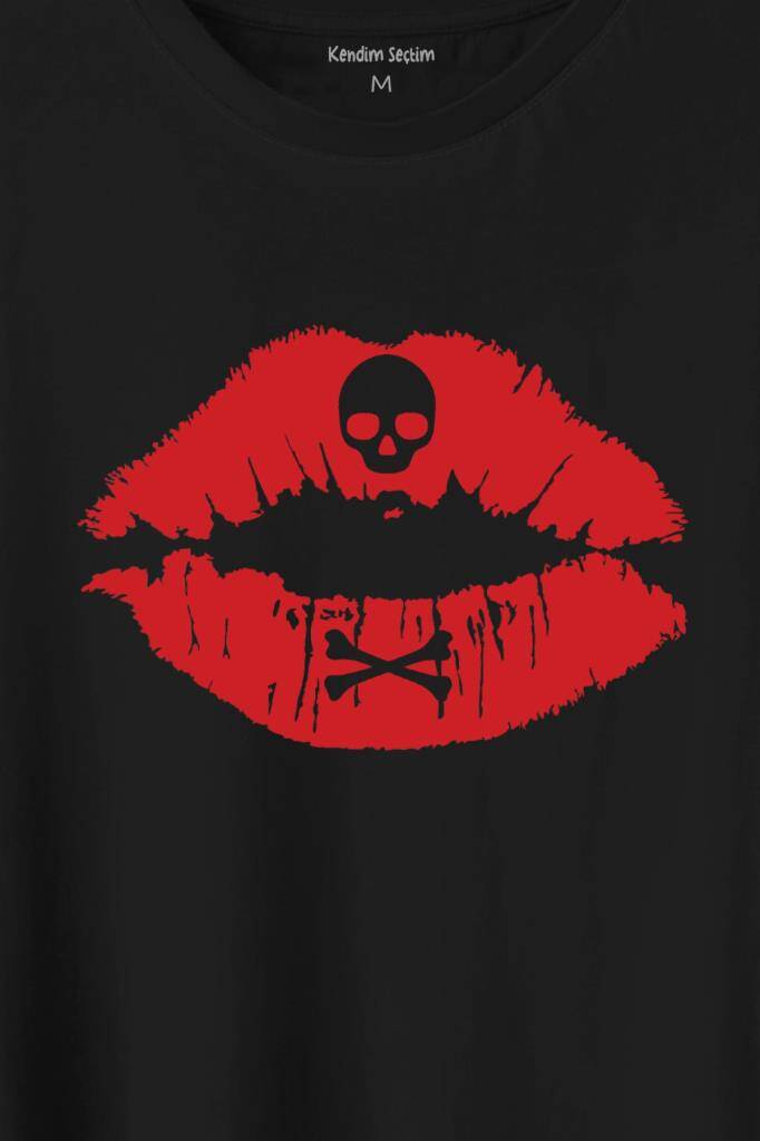 Korsan Skull Kuru Kafa Dudak Öpücük Kiss Me Baskılı Tişört Unisex T-Shirt - 2