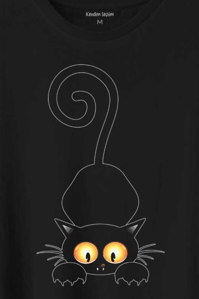 Küçük Sevimli Yavru Siyah Kedi Düşünceli Hayvan Baskılı Tişört Unisex T-Shirt - 2