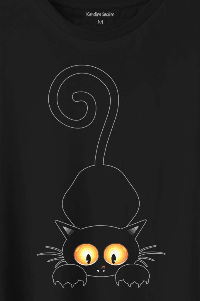 Küçük Sevimli Yavru Siyah Kedi Düşünceli Hayvan Baskılı Tişört Unisex T-Shirt (1)