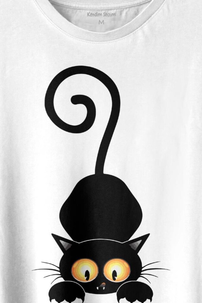 Küçük Sevimli Yavru Siyah Kedi Düşünceli Hayvan Baskılı Tişört Unisex T-shirt - 2