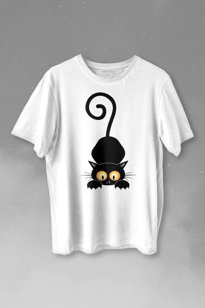 Küçük Sevimli Yavru Siyah Kedi Düşünceli Hayvan Baskılı Tişört Unisex T-shirt - 1