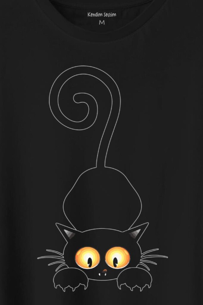 Küçük Sevimli Yavru Siyah Kedi Düşünceli Hayvan Baskılı Tişört Unisex T-Shirt (1)