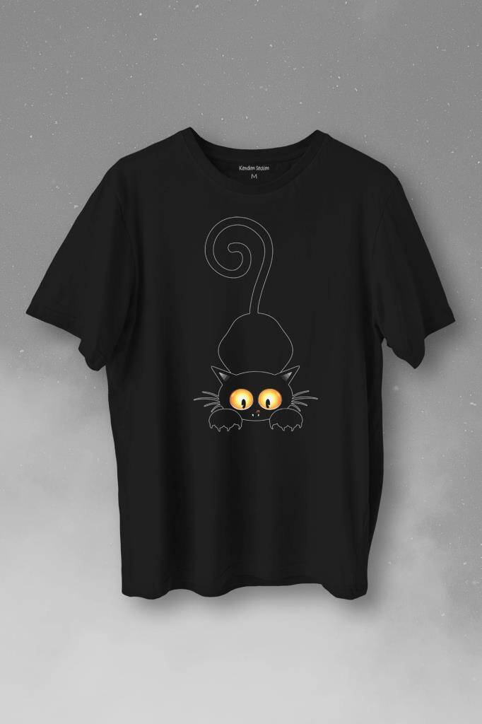Küçük Sevimli Yavru Siyah Kedi Düşünceli Hayvan Baskılı Tişört Unisex T-Shirt - 1
