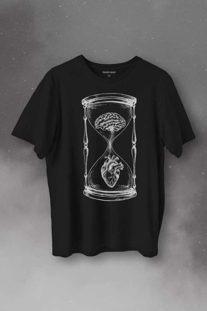 Kum Saati Kalp Beyin Aşk Mantık Baskılı Tişört Unisex T-Shirt - 1