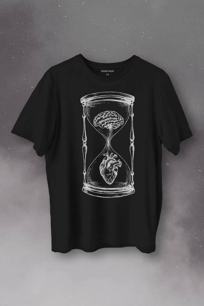 Kum Saati Kalp Beyin Aşk Mantık Baskılı Tişört Unisex T-Shirt