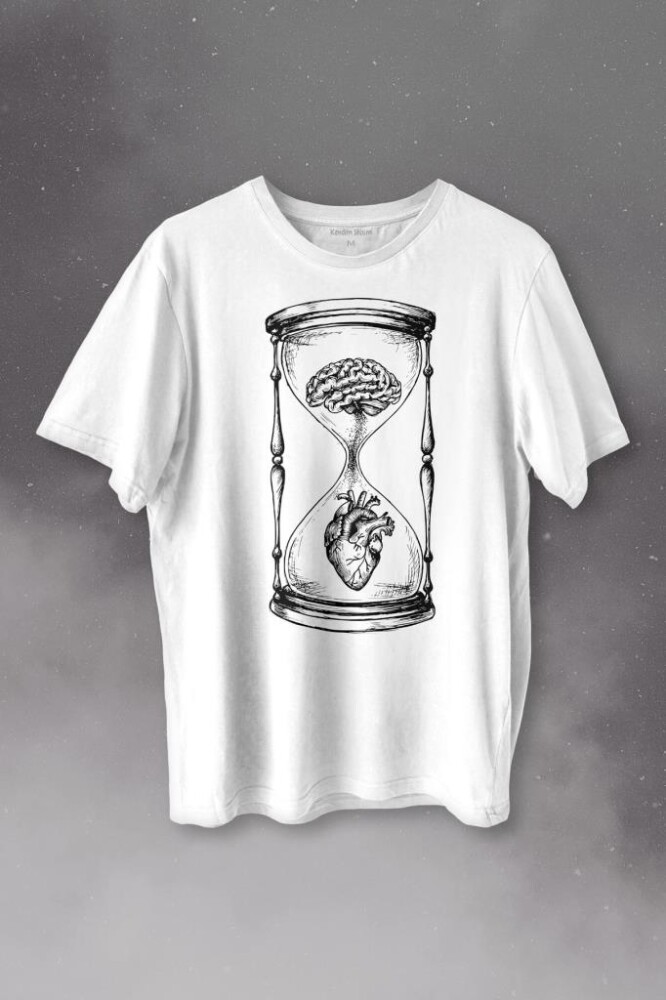 Kum Saati Kalp Beyin Aşk Mantık Baskılı Tişört Unisex T-shirt - 1