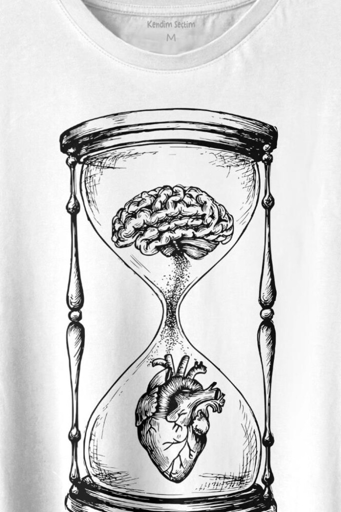 Kum Saati Kalp Beyin Aşk Mantık Baskılı Tişört Unisex T-shirt - 2